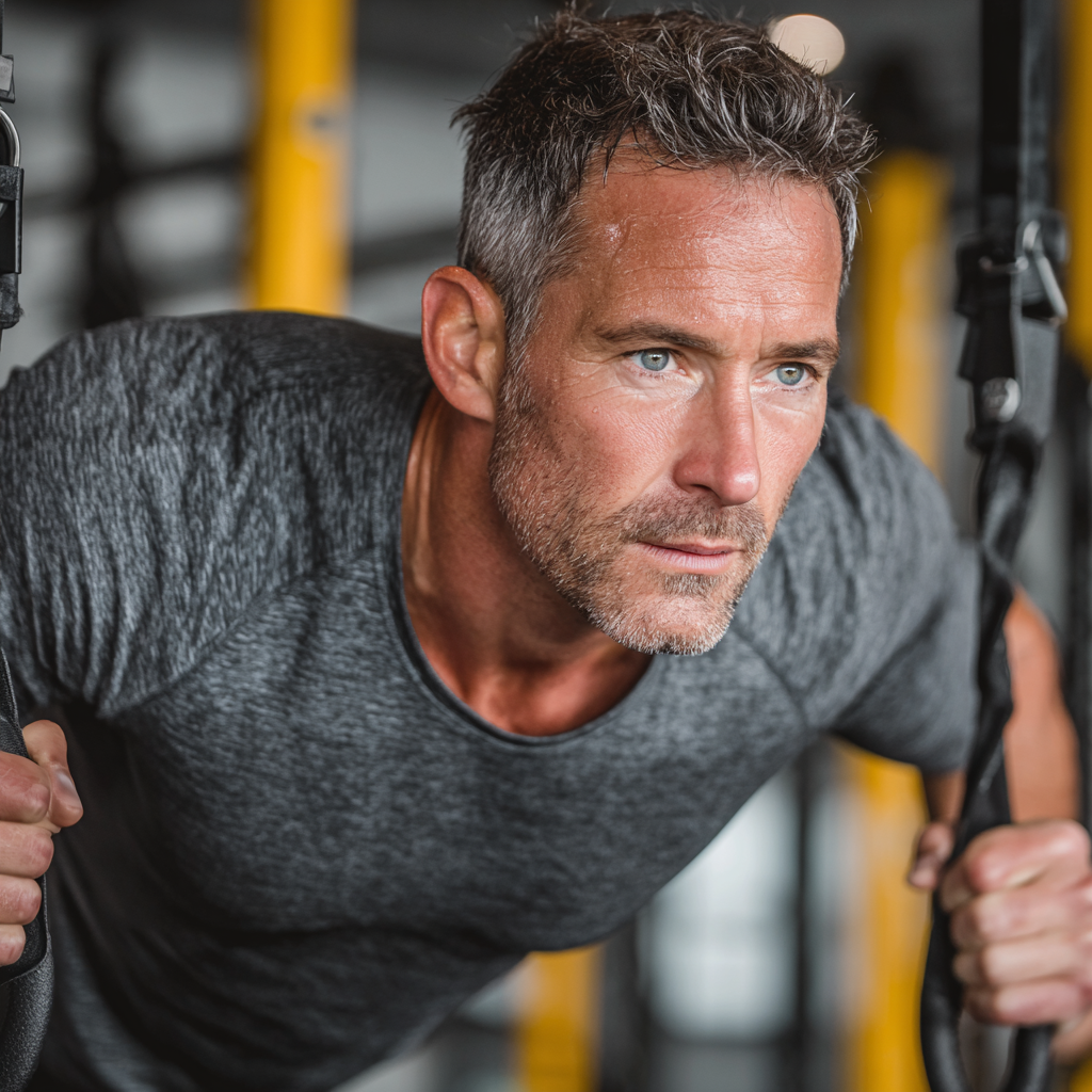 Active middle-aged man in his 50s performing functional training exercises in a modern gym environment