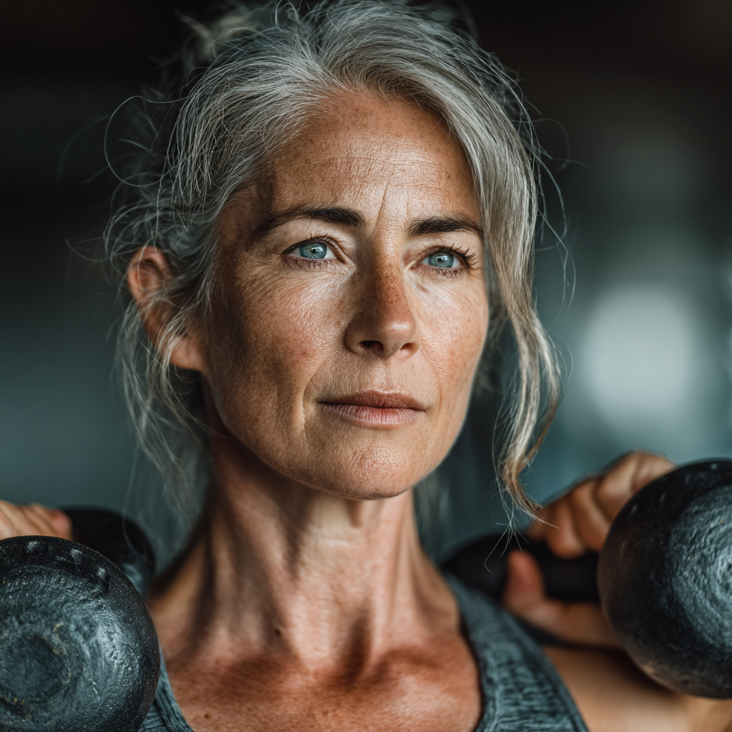 Confident mature woman in her 50s performing strength training with kettlebells in a modern fitness studio, showing determination and focus