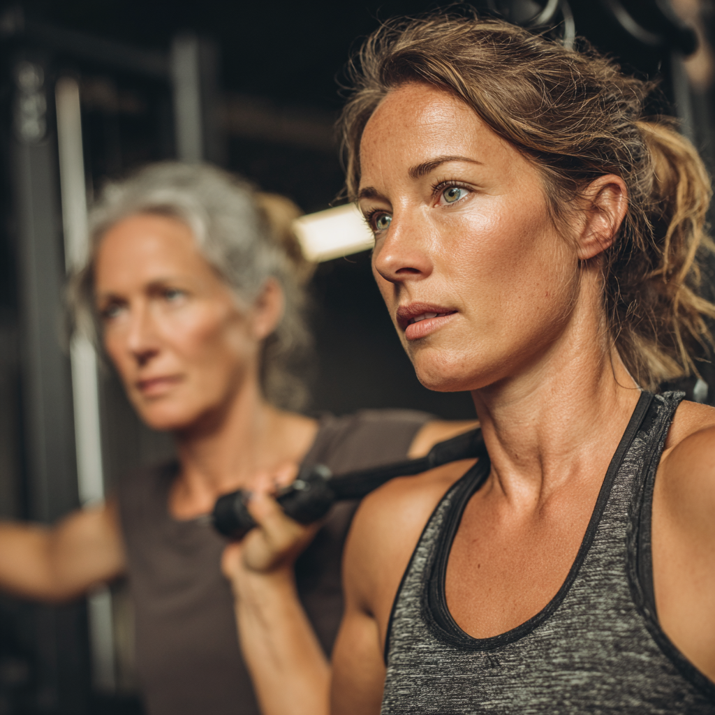 Professional female fitness trainer in her 40s working with a mature client, demonstrating proper exercise form in a well-equipped gym